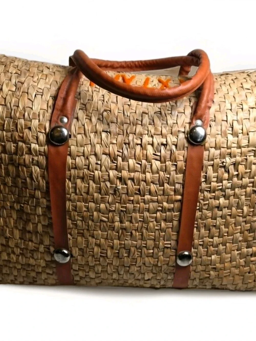 Woven Straw Tote Bag with Yellow Embroidery